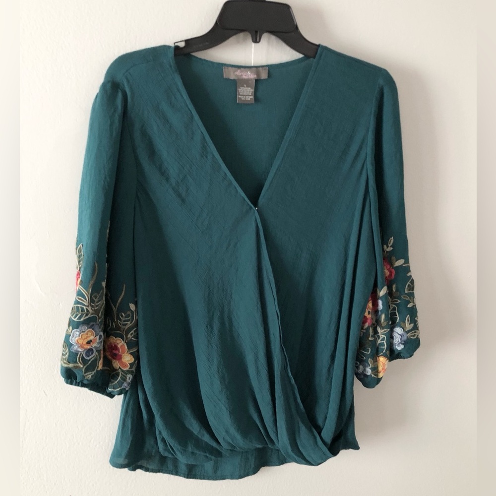 Embroidered Teal Wrap Blouse